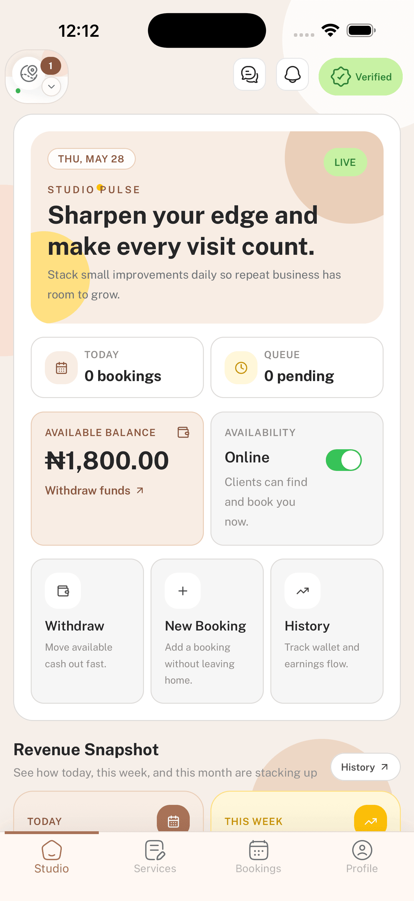 Reslay provider home screen showing bookings, earnings, client activity, and business tools